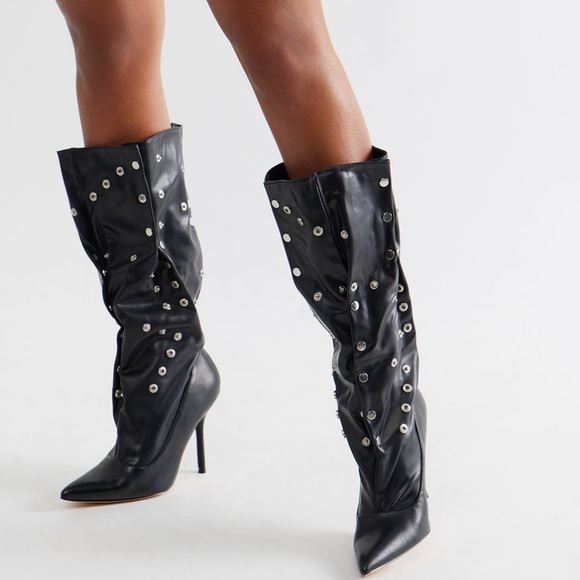 Fashion Nova Black Stiletto Boots with Grommet Detailing - Picture 2 of 4